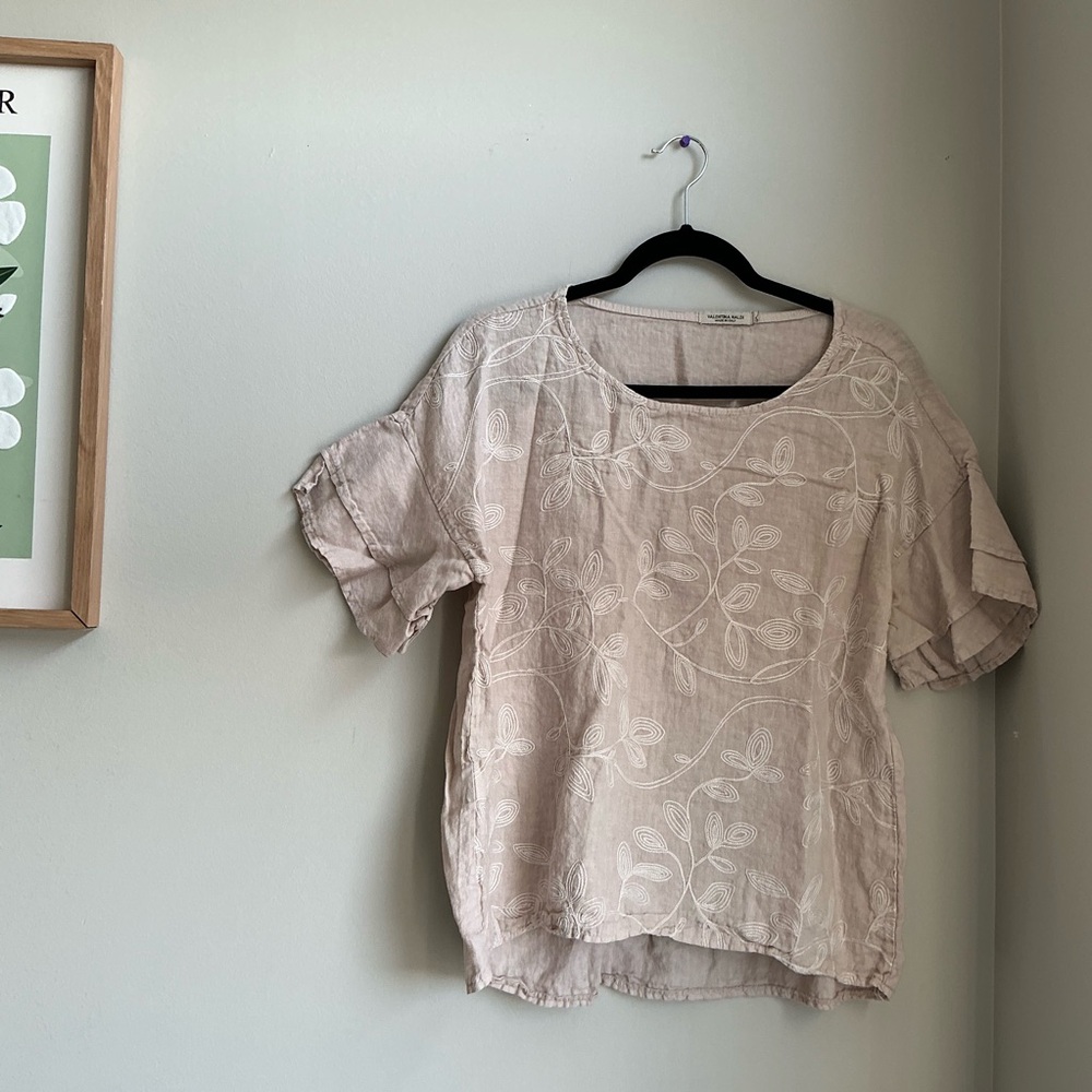 Valentina Naldi Italian Linen Embroidered Floral Blouse Ruffle Sleeve Women’s L